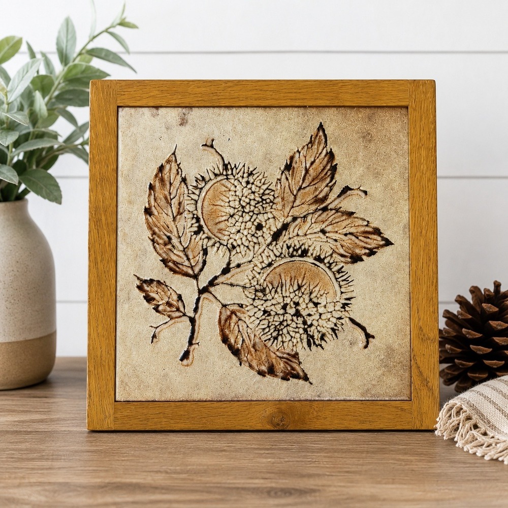 Vintage Ceramic Tile Trivet Wall Art Wood Frame 9" Autumn Leaves Rustic Decor